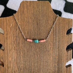 Genuine Pink Conch, Turquoise, and Navajo Pearls, Bar Necklace, Western Jewelry, Paperclip Chain Necklace