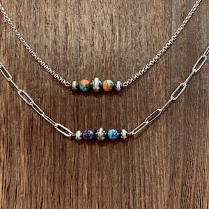 Faux Pearl Bar Necklace, Orange and Turquoise Bead, Western Fashion, Navajo Pearl Jewelry, Purple and Blue, Paperclip Chain