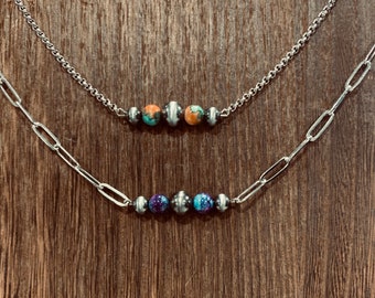 Faux Pearl Bar Necklace, Orange and Turquoise Bead, Western Fashion, Navajo Pearl Jewelry, Purple and Blue, Paperclip Chain
