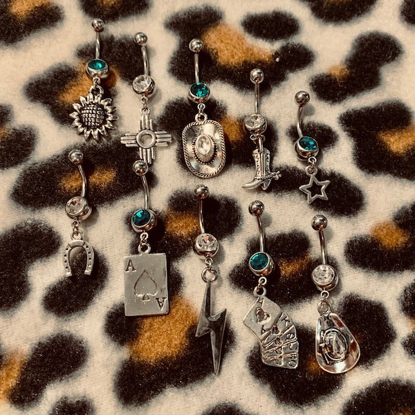 Western Belly Rings, Turquoise Belly Piercings, Silver Charm, Belly Button Piercing, Western Jewelry