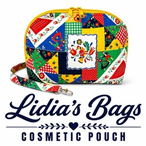 May include: A colorful cosmetic pouch with a patchwork design featuring red, blue, green, and yellow patterns. The pouch has a yellow zipper and a matching wrist strap. The text "Lidia's Bags COSMETIC POUCH" is displayed below the pouch.
