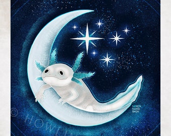 Axolotl moon wall art poster print // magical moon wall art // cute kids room art - minecraft axolotl - nursery wall art - starry night sky