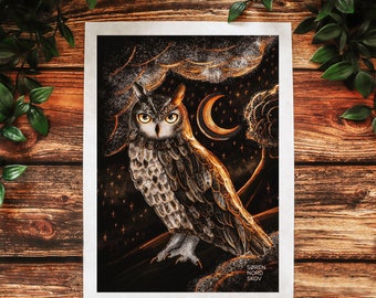 Eagle owl art print // spirit guide - midnight moon forest wall art, halloween owl decor, witch decor art, mystic wildlife owl painting