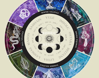 Koło Roku – grafika do druku || Pogański, wiccański, celtycki, fantasy, dekoracje czarownic, pory roku, magiczne dekoracje, ołtarz, kalendarz astrologiczny