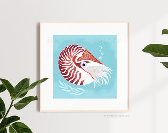 Nautilus Mini Art Print // ocean marine animal aesthetic room decor // nautical aesthetic sea decor // aquarium marine biology wall art //