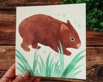 Wombat Mini Art Print // Australian animal aesthetic room decor // wildlife aesthetic dorm decor // cute Australian wombat wall art //