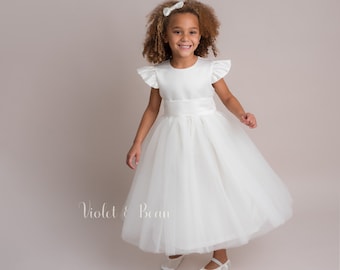 Aurelia - Handmade Ivory or White Satin Flower girl junior bridesmaid with Tulle skirt