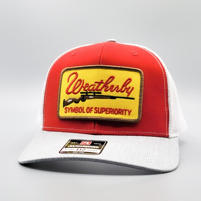 on a Mid-Crown Richardson 112 Mesh Baseball Cap Weatherby Hat Vintage Rifle Gun Patch Weatherby Trucker Hat