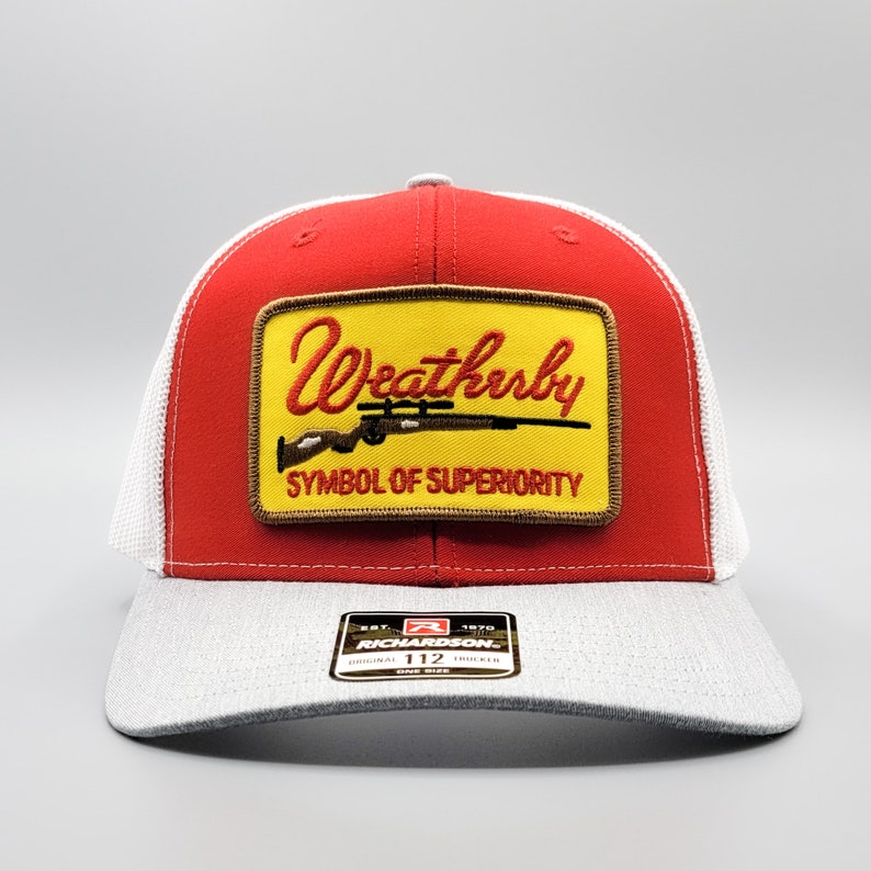 on a Mid-Crown Richardson 112 Mesh Baseball Cap Weatherby Hat Vintage Rifle Gun Patch Weatherby Trucker Hat