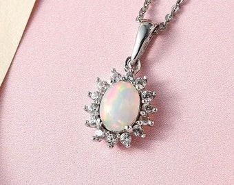 White Opal Pendant Fire Oval Cut Pendant in 925 Sterling Silver,Silver Chain, Natural Opal & Zircon Halo Pendant With Chain 7X5MM Stone