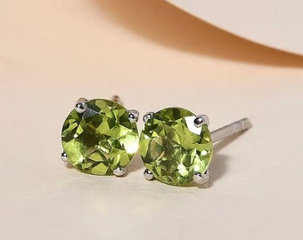 Amazing Peridot Round Cut Earrings Sterling Silver 925 Solitaire Earrings · Birthday Silver Earrings Dangle Rare Earrings For Her Gift