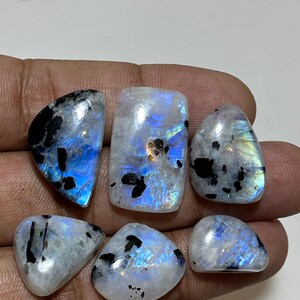 Natural Rainbow Moonstone With Black Tourmaline Cabochon Antique Shape For DIY Jewelry Making 6 piece Loose Gemstone Wholesale Cabochon