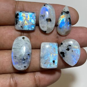 Natural Rainbow Moonstone With Black Tourmaline Cabochon Antique Shape For DIY Jewelry Making 6 piece Loose Gemstone Wholesale Cabochon