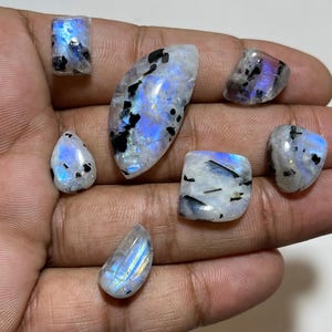 Natural Rainbow Moonstone With Black Tourmaline Cabochon Antique Shape For DIY Jewelry Making 7 piece Loose Gemstone Wholesale Cabochon
