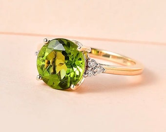 Anillo de peridoto y moissanita de Hebei con baño de oro amarillo de 9 quilates, anillo redondo de plata de ley con baño de oro de 9 quilates, anillos de compromiso, anillo de promesa de oro para ella.