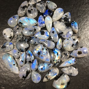 Natural Rainbow Moonstone Tear Drop Shape With Black Tourmaline Cabochon For DIY Jewelry Making  Loose Gemstone Wholesale Cabochon