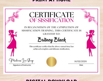 Sissy Certificate Digital Download | Printable Sissification Award | Pink Personalized Gift – Instant Access!