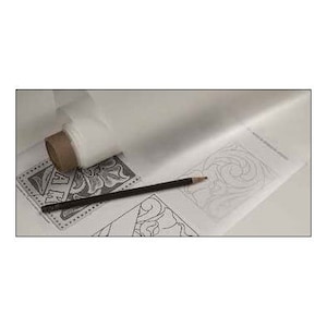 May include: A roll of white tracing paper with a pencil and a design for leatherwork. The design includes a floral pattern and a geometric pattern.