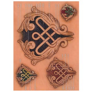 May include: Close-up of a piece of tanned leather with several Celtic knot designs. The designs are embossed with intricate details and varying colors, including brown, black, red, and green. The image includes labels with alphanumeric codes.
