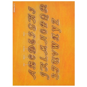 May include: A close-up of a tan leather surface with embossed capital letters of the alphabet. The letters are in a serif font. The text "20mm (¾")" is in the upper left corner. The letters are in a serif font.