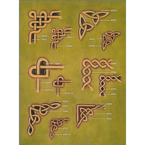 May include: A diagram showing different variations of Celtic knot designs. The knots are drawn in gold and black on a green background. The diagram includes labels for each knot design.