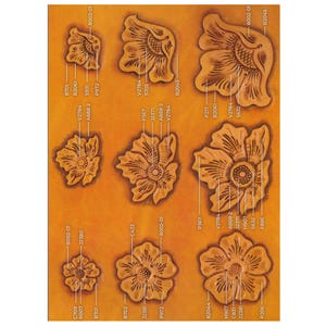 May include: A sheet of embossed leather featuring various floral designs. The designs include detailed petals and central patterns, with each design labeled with a series of numbers and letters. The leather has a warm, tan color.