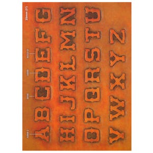 May include: A sheet of embossed leather with the alphabet in a western-style font. The letters are in a raised, orange-brown color, with a darker brown background. The sheet has the text "25mm (1")" and other codes.