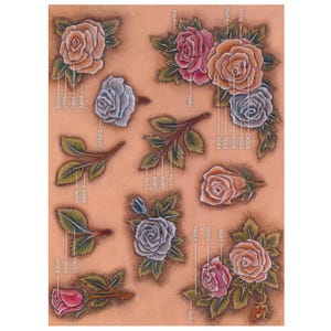May include: A collection of rose illustrations in various colors, including pink, peach, and blue, with green leaves and stems. The artwork is on a light brown background, with labels next to each rose.