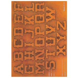 May include: A sheet of orange-brown alphabet letters with a western-style font. The letters are 32mm (1 1/4") tall. The sheet includes the letters A through Z, and the numbers A888-2, A888, B701, F900, and 8002-01.