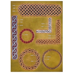 May include: A diagram showing different types of Celtic knot designs. The designs are labeled with numbers and letters. The knots are in various colors, including red, blue, black, and brown.