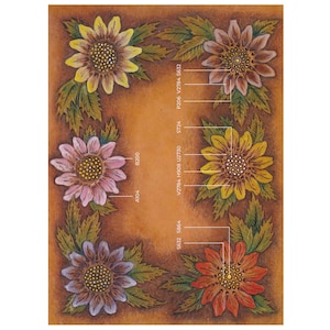 May include: A rectangular, brown leather piece featuring a floral design. The design includes six different colored sunflowers with green leaves. The sunflowers are yellow, pink, orange, purple, and brown. The image also includes text.