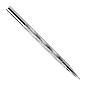 May include: A silver metal tool with a pointed tip and a textured handle. The tool is used for marking or piercing.