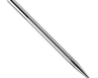 May include: A silver metal tool with a pointed tip and a textured handle. The tool is used for marking or piercing.