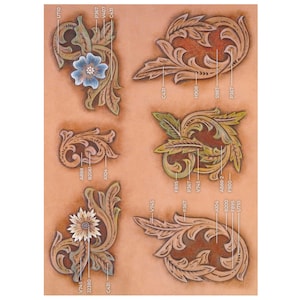 May include: A tan leather craft sheet featuring various floral and leaf designs with color-coded labels. The designs include a blue flower, a sunflower, and other stylized botanical elements. The sheet is likely used for leather tooling or carving.