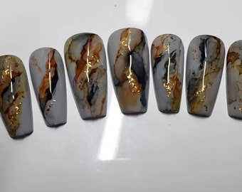 Grey Marble Presson Nails| Marble Medium Coffin Presson Nails