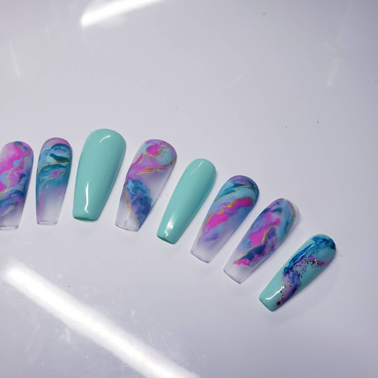 Mint Green Marble Nails Spring Green Marble Coffin Nails Etsy
