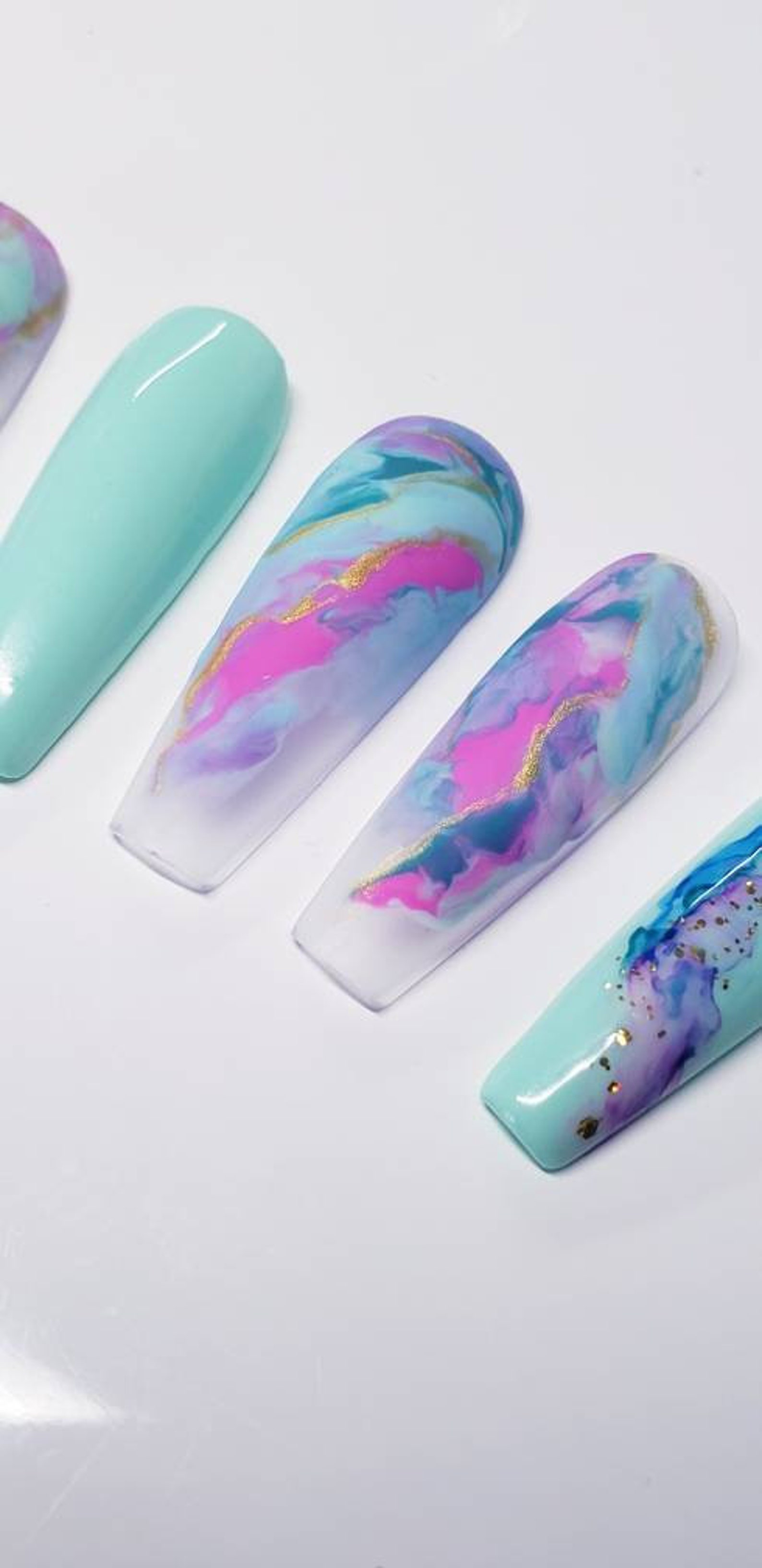 Mint Green Marble Nails Spring Green Marble Coffin Nails Etsy