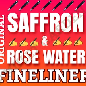 Pode incluir: Fineliner original de açafrão e água de rosas. A imagem mostra o nome do produto em texto branco sobre um fundo vermelho e laranja. Há seis canetas pretas e seis lápis amarelos na imagem.