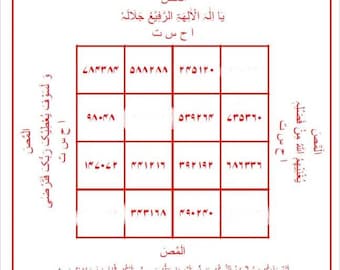 May include: A square, framed image with Arabic text and numerical tables. The central grid contains numbers, while the surrounding text includes phrases and religious invocations. The overall design is a mix of calligraphy and mathematical elements.