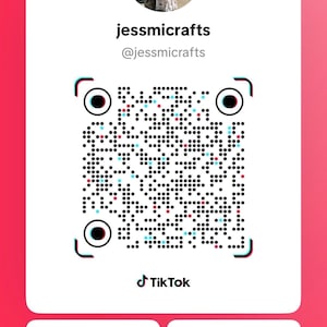 May include: A pink and white graphic promoting a shop's TikTok. The text reads "FOLLOW TO BE THE FIRST TO KNOW WHAT'S COMING TO MY SHOP!" with the shop name "jessmicrafts" and a QR code. Buttons say "Copy link" and "Share link".