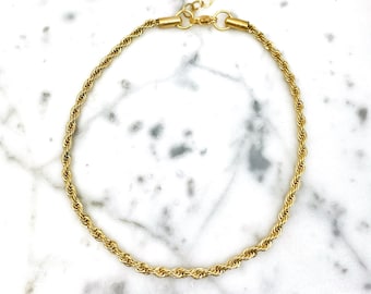 Vintage Rope Anklet Gold Stainless Steel (3mm) - 100% imperméable à l’eau - Cadeau Femme/Femme - Corde/Ficelle Torsadée - Été