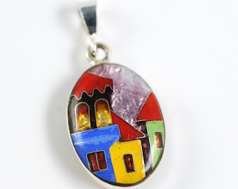 Reversible Colorful Enamel Minankari Georgian Cloisonne Sterling Silver Pendant Old City Pomegranate Silver Jewelry Fast shipping from USA!