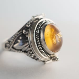 Amber Poison Ring 925 Sterling Silver Locket Ring Secret compartment Natural Light Brown Amber June Birthday Fast shipping from USA!