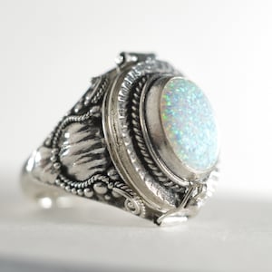 Large Oval White Fire Opal 925 Sterling Silver Locket Memorial Ring Poison Ring Lab grown Opal October Birthstone Fast shipping from USA A15