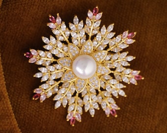 Vintage grande y hermoso Art Déco Golden Star Broche Pin Diseño con cristales rosados claros y perla ¡Envío rápido desde EE.UU.! A2
