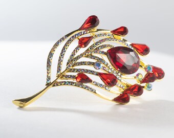 Vintage Crystal Ruby Red with Pink - Feather Brooch Pin Art Deco Victorian Fast shipping from USA! A2