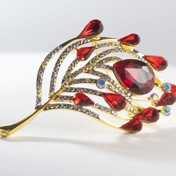 Vintage Crystal Ruby Red with Pink - Feather Brooch Pin Art Deco Victorian Fast shipping from USA! A2