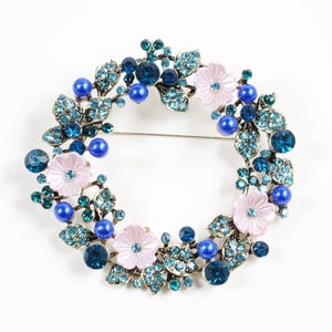 Vintage Large and Beautiful Art Nouveau Golden Brooch Pin with Carved Pink Flowers, Green and Blue Crystals Fast shipping from USA!