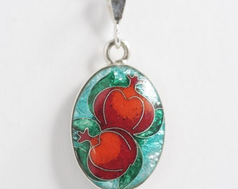 Reversible Colorful Enamel Minankari Georgian Cloisonne Sterling Silver Pendant Old City Pomegranate Silver Jewelry Fast shipping from USA!
