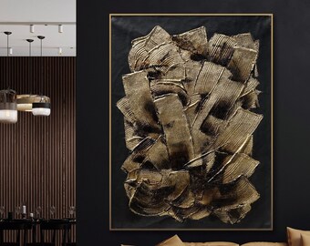 Black Gold 3D Painting Impasto Texture Minimalist Large Abstract Canvas Wall Art